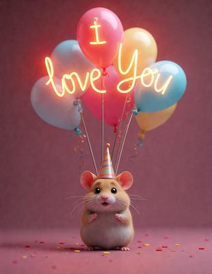 The primary subject of the image is a small, cute, and colorful hamster wearing a party hat. The setting is a pink background, and the visual style appears to be a digital art or illustration. The dominant colors are pink and yellow, creating a cheerful and festive atmosphere.