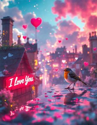 The primary subject of the image is a small bird perched on a ledge. The bird is surrounded by a pink and purple color scheme, which gives the scene a warm and romantic atmosphere. The setting appears to be a cityscape, with a building visible in the background. The visual style of the image is a combination of photo and digital art, creating a unique and captivating scene.