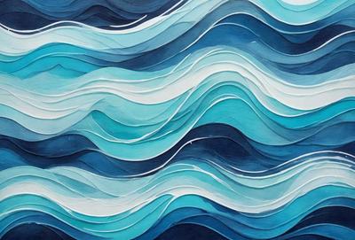 The primary subject of the image is a painting of a blue ocean with white waves. The setting is a blue and white ocean, and the visual style is a painting. The dominant colors are blue and white, creating a serene and calming atmosphere.