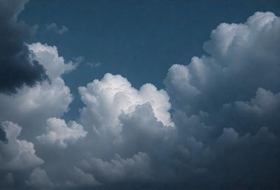 The primary subject of the image is a cloudy sky with a blue background. The setting is an outdoor environment, and the visual style appears to be a photo of the sky. The clouds are the main focus of the image, and they are depicted in various shapes and sizes, creating a dynamic and interesting scene. The overall atmosphere of the image is serene and peaceful, as the clouds float gracefully in the sky.