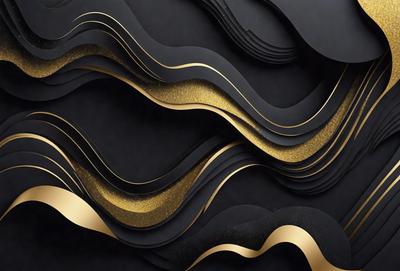 The primary subject of the image is a large, intricate, and colorful design made of gold and black. The design is a combination of gold and black stripes, creating a visually striking pattern. The setting is a black background, which contrasts with the gold and black design, making it stand out even more. The visual style of the image is a mix of digital art and illustration, as it appears to be a well-crafted and detailed design. The colors and mood of the image are bold and vibrant