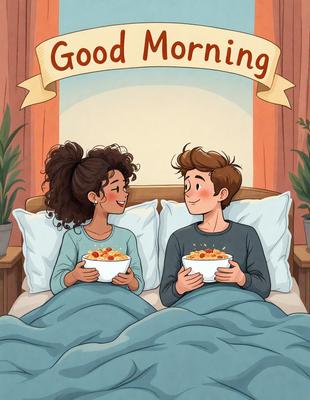 The primary subject of the image is a man and a woman lying in bed together, enjoying a good morning. They are both holding bowls of cereal, which suggests a relaxed and comfortable atmosphere. The setting is a bedroom, with a potted plant visible in the background. The visual style is a cartoon or comic illustration, which adds a playful and lighthearted touch to the scene. The colors are predominantly warm and inviting, with the cereal and the bedding likely being in