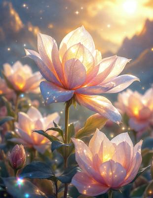 The primary subject of the image is a beautiful flower, which is the main focus of the scene. The flower is situated in a setting with a backdrop of a mountain, adding a sense of depth and natural beauty to the image. The visual style of the image is a combination of photo and digital art, creating a vibrant and luminous atmosphere. The dominant colors in the image are pink and yellow, which evoke a sense of warmth and happiness.