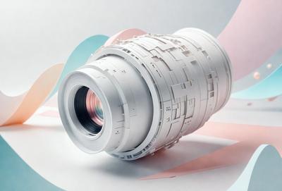 The primary subject of the image is a large, white camera lens. The lens is placed on a white surface, which serves as the background. The visual style of the image is a combination of photo and digital art, as it appears to be a close-up of the camera lens. The colors in the image are predominantly white, which gives the lens a clean and modern appearance. The overall atmosphere of the image is professional and technological, as it showcases the camera lens as the main focus.