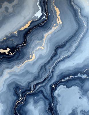The primary subject of the image is a blue and gold marbled stone. The setting is a close-up of the stone, showcasing its intricate patterns and colors. The visual style is a painting, with the artist skillfully capturing the beauty of the marbled stone. The dominant colors are blue and gold, creating a sense of elegance and sophistication.