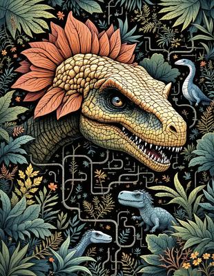 The primary subject of the image is a large, colorful dinosaur with a red flower on its head. The dinosaur is surrounded by a lush, green forest filled with various plants and trees. The visual style of the image is a combination of digital art and illustration, creating a vibrant and detailed scene. The colors and mood of the image are bright and lively, with the dinosaur and its surroundings appearing to be full of life and energy.