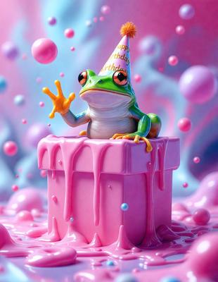 The primary subject of the image is a green frog wearing a birthday hat and sitting on a pink cake. The setting is a colorful and playful environment, with the frog surrounded by pink bubbles and a background of pink and blue colors. The visual style is a digital art or illustration, creating a whimsical and fun atmosphere. The dominant colors are pink and green, with the pink cake and bubbles adding a cheerful and celebratory mood to the scene.