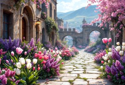 The primary subject of the image is a beautifully decorated pathway with a variety of flowers, including pink and purple tulips, lining the walkway. The setting is a picturesque outdoor scene with a castle in the background, adding a sense of grandeur to the overall atmosphere. The visual style of the image is a combination of photo and digital art, creating a vibrant and lively scene. The colors and mood of the image are predominantly pink and purple, evoking a sense
