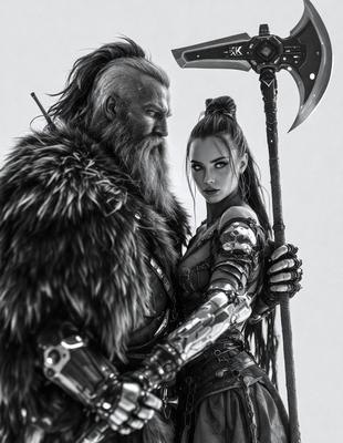 The primary subject of the image is a man and a woman standing close to each other. The woman is holding a large, ornate sword, while the man is wearing a suit of armor. The setting appears to be a fantasy or medieval-themed environment, with the woman dressed in a costume that complements the man's armor. The visual style of the image is a combination of digital art and illustration, creating a dynamic and engaging scene. The colors and mood of the image are dark and dram