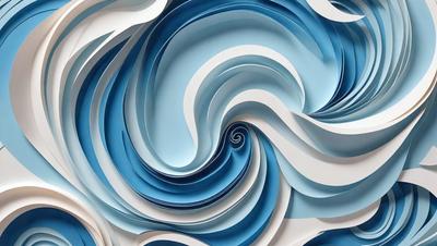 The primary subject of the image is a large, swirling blue and white pattern, which appears to be a painting or a digital artwork. The setting is a white wall, and the visual style is a combination of digital art and painting. The dominant colors in the image are blue and white, creating a sense of calmness and tranquility.