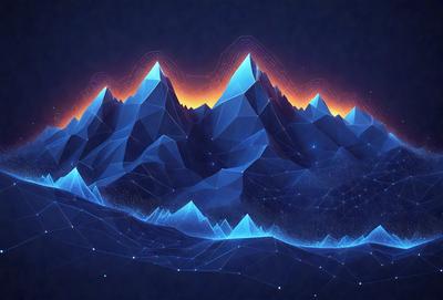 The primary subject of the image is a mountain range, which is depicted in a digital art style. The setting is a dark blue background, which contrasts with the bright blue and orange colors of the mountain range. The visual style is a combination of digital art and illustration, creating a unique and captivating representation of the mountain range. The overall atmosphere of the image is one of beauty and serenity, as the viewer is drawn into the vastness of the mountain landscape.