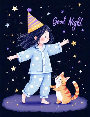 The primary subject of the image is a little girl wearing a party hat and a nightgown, standing next to a cat. The setting is a nighttime scene with a starry sky in the background. The visual style is a digital art illustration, featuring a cute and whimsical depiction of the girl and the cat. The colors and mood of the image are predominantly warm and cozy, with the starry sky adding a touch of magic and wonder to the scene.