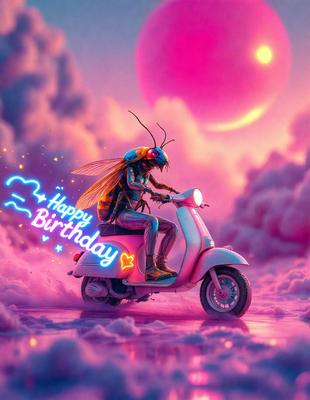 The primary subject of the image is a woman riding a pink scooter. The setting is a pink and purple cloudy sky, which creates a whimsical and dreamy atmosphere. The visual style is digital art, as the woman and the scooter are depicted in a surreal and fantastical manner. The colors and mood of the image are predominantly pink and purple, giving it a cheerful and playful vibe.