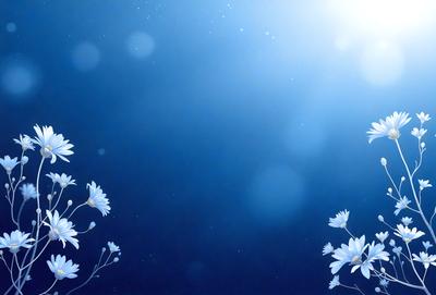 The primary subject of the image is a field of white flowers against a blue sky. The setting is a clear, cloudless day, and the visual style is a digital art or illustration. The dominant colors are white and blue, creating a serene and peaceful atmosphere.