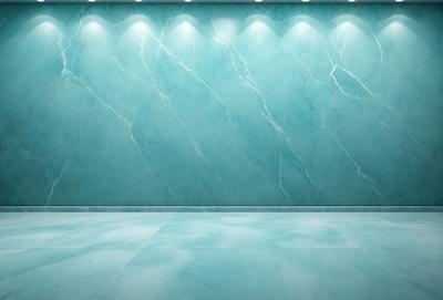 The primary subject of the image is a blue marble wall with a pattern of white streaks. The setting is a room with a blue tiled floor. The visual style is a photo, and the dominant colors are blue and white. The overall atmosphere is clean and modern.