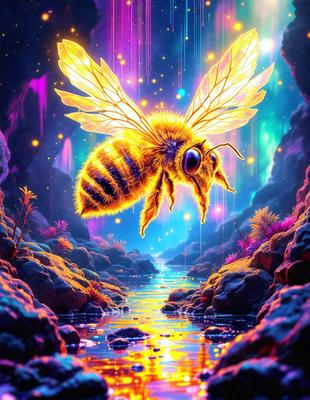 The primary subject of the image is a bee, which is the main object, scene, or focus of the image. The bee is flying over a body of water, which serves as the setting or background. The visual style of the image is digital art, as it is a colorful and vibrant illustration. The dominant colors in the image are yellow and purple, creating a warm and lively atmosphere.