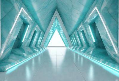 The primary subject of the image is a long, narrow hallway with a blue and white color scheme. The setting is a futuristic environment, possibly a space station or a high-tech building. The visual style is a combination of digital art and illustration, creating a unique and captivating atmosphere. The dominant colors are blue and white, which contribute to the futuristic and modern aesthetic of the scene.