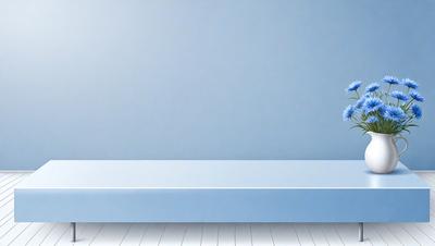 The primary subject of the image is a white bed with a blue wall behind it. The setting is a bedroom, and the visual style is a photo. The colors and mood of the image are predominantly white and blue, creating a calm and serene atmosphere.
