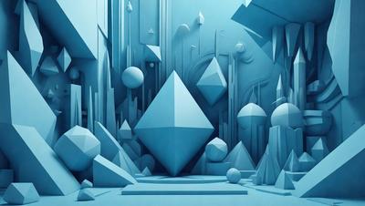 The primary subject of the image is a large blue geometric shape, which appears to be a cube or a pyramid. The setting is a futuristic, blue-toned environment with a backdrop of other geometric shapes and objects. The visual style is a combination of digital art and illustration, creating a unique and intriguing scene. The dominant colors are blue and white, giving the image a calm and futuristic atmosphere.