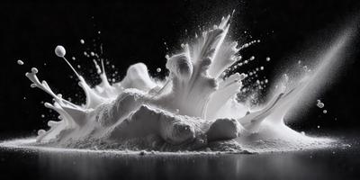 The primary subject of the image is a pile of white powder, which appears to be flour. The setting is a black background, which contrasts with the white powder. The visual style is a close-up of the white powder, showcasing its texture and details. The colors and mood of the image are predominantly black and white, giving it a dramatic and artistic appearance.
