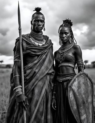 The primary subject of the image is a man and a woman standing together in a field. The man is holding a stick, and the woman is wearing a shield. The setting appears to be a natural environment, with a cloudy sky in the background. The visual style of the image is a black and white photo, which adds a sense of timelessness and drama to the scene. The dominant colors are black, white, and gray, creating a moody atmosphere.