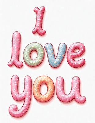 The primary subject of the image is a large, colorful, and playful sign that reads "I Love You." The sign is displayed on a white background, which contrasts with the vibrant colors of the letters and the heart shape. The visual style of the image is a combination of digital art and illustration, creating a fun and engaging atmosphere. The dominant colors in the image are pink, green, and blue, which contribute to the overall cheerful and loving mood of the sign.