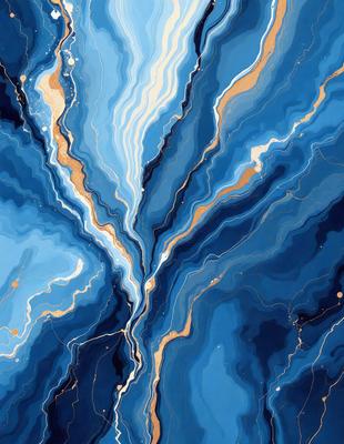 The primary subject of the image is a blue and gold painting of a waterfall. The setting is a blue and gold background, which complements the painting. The visual style is a digital art or illustration, creating a vibrant and dynamic scene. The dominant colors are blue and gold, giving the painting a serene and calming atmosphere.