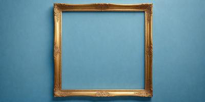 The primary subject of the image is a gold frame with a blue background. The setting is a blue wall, and the visual style is a photo. The colors and mood of the image are predominantly blue and calm, creating a serene atmosphere.