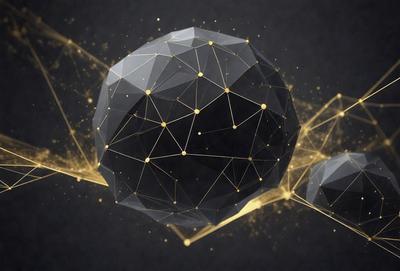 The primary subject of the image is a large, black, geometric sphere with a gold hue. The setting is a dark background, which contrasts with the bright, golden sphere. The visual style is a combination of digital art and illustration, creating a unique and eye-catching design. The colors and mood of the image are predominantly dark and moody, with the gold sphere providing a touch of warmth and brightness.