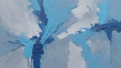 The primary subject of the image is a painting featuring a blue background with a white and blue flower design. The setting is a canvas, and the visual style is a painting. The dominant colors are blue and white, creating a calm and serene atmosphere.