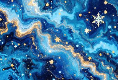 The primary subject of the image is a blue and gold starry night sky. The setting is a dark, star-filled night with a few stars visible in the sky. The visual style is a digital art or illustration, creating a vibrant and colorful atmosphere. The dominant colors are blue and gold, with the blue sky and gold stars creating a serene and peaceful mood.