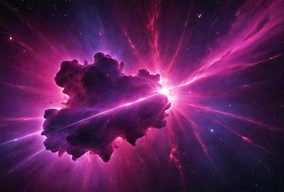 The primary subject of the image is a bright pink nebula, which is the main object, scene, or focus of the image. The setting or background of the image is a dark, star-filled sky, which provides a contrasting backdrop for the vibrant pink nebula. The visual style of the image is a combination of photo and digital art, creating a unique and captivating representation of the celestial object. The dominant colors in the image are pink and purple, giving the scene a