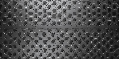 The primary subject of the image is a close-up of a metal surface with a pattern of hexagons. The setting is a dark room, and the visual style appears to be a combination of a photo and digital art. The dominant colors are silver and black, creating a sleek and modern atmosphere.