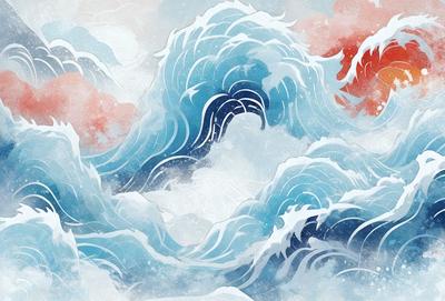 The primary subject of the image is a large wave in the ocean. The wave is blue and white, and it appears to be crashing over a mountain. The setting is the ocean, with the wave being the main focus of the image. The visual style is a combination of digital art and illustration, creating a dynamic and realistic representation of the wave. The dominant colors are blue and white, with the blue wave contrasting against the white ocean foam. The overall atmosphere of the image is one of power and beauty, as the wave