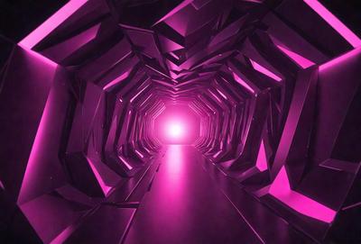 The primary subject of the image is a tunnel with a pink light at the end. The tunnel is made of a combination of black and pink geometric shapes, giving it a unique and visually striking appearance. The setting is a dark room, and the visual style is a digital art or illustration. The dominant colors are pink and black, creating a warm and inviting atmosphere.