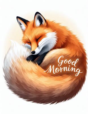 The primary subject of the image is a cute, colorful fox. The fox is sleeping and appears to be curled up in a ball. The setting is a white background, which provides a clean and simple backdrop for the fox. The visual style is a combination of digital art and illustration, creating a vibrant and lively scene. The colors and mood of the image are warm and inviting, with the fox's fur and the white background creating a sense of comfort and relaxation.
