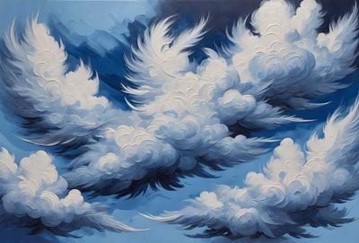 The primary subject of the image is a painting of clouds. The setting is a blue sky, and the visual style is a painting or drawing. The clouds are depicted in various shapes and sizes, creating a dynamic and lively atmosphere. The dominant colors are shades of blue and white, which contribute to a serene and peaceful mood.