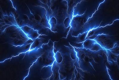 The primary subject of the image is a close-up of a blue lightning bolt. The setting is a dark background, which emphasizes the lightning bolt's brightness. The visual style is a digital art or illustration, as the lightning bolt appears to be a part of a larger, intricate design. The colors and mood are predominantly blue, with the lightning bolt being the focal point and creating a sense of energy and dynamism.