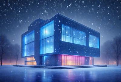 The primary subject of the image is a large, blue building with a lot of windows. The building is surrounded by a snowy environment, which adds a sense of coldness and tranquility to the scene. The visual style of the image is a digital art, which gives it a unique and artistic appearance. The dominant colors in the image are blue and white, which create a sense of calmness and serenity.
