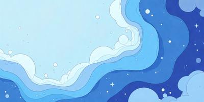 The primary subject of the image is a blue ocean with white clouds. The setting is a vast, open space with a blue sky. The visual style is a digital art or illustration, creating a serene and calming atmosphere. The dominant colors are blue and white, with the blue ocean and white clouds creating a sense of tranquility.