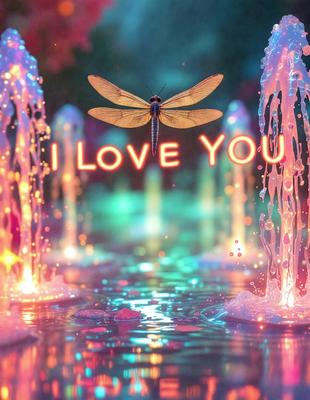 The primary subject of the image is a dragonfly hovering over a body of water. The setting is a serene environment with a waterfall and a forest in the background. The visual style is a digital art, creating a vibrant and lively atmosphere. The dominant colors are blue and pink, which contribute to the overall mood of the image.