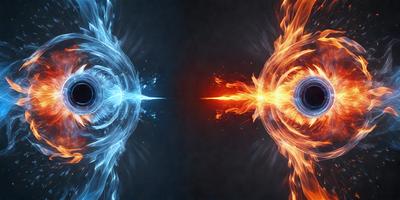 The primary subject of the image is a pair of blue and orange flames, which are the main objects in the scene. The setting is a dark background, and the visual style appears to be a digital art or illustration. The dominant colors in the image are blue and orange, creating a contrasting and visually striking atmosphere.