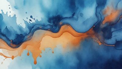 The primary subject of the image is a painting of a wave, featuring a mix of blue, orange, and yellow colors. The setting is a blue background, and the visual style appears to be a digital art or illustration. The dominant colors and overall atmosphere suggest a sense of motion and energy, as the wave is depicted in a dynamic and vibrant manner.