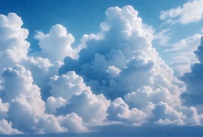 The primary subject of the image is a cloudy sky filled with various cloud formations. The setting is a blue sky, which serves as the backdrop for the clouds. The visual style of the image is a combination of photo and digital art, creating a realistic yet artistic representation of the cloudy sky. The colors in the image are predominantly shades of blue and white, with the clouds adding a sense of depth and dimension to the scene. The overall atmosphere of the image is serene and peaceful, as the clouds