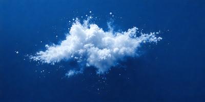 The primary subject of the image is a cloud of fluffy white powder, which appears to be snow or a similar substance. The setting is a blue sky, which serves as the backdrop for the cloud. The visual style of the image is a combination of photo and digital art, as it captures the cloud's texture and movement in a realistic manner. The colors in the image are predominantly white, which gives the scene a clean and serene atmosphere.