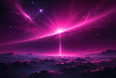 The primary subject of the image is a pink sunset with a cross-like shape in the sky. The setting is a dark, star-filled night with a purple hue. The visual style is a digital art or illustration, creating a surreal and dreamy atmosphere. The colors and mood are predominantly pink and purple, giving the scene a warm and serene ambiance.