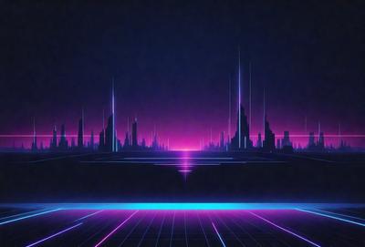 The primary subject of the image is a futuristic cityscape with a purple skyline. The setting is a dark, futuristic environment, and the visual style is a combination of digital art and illustration. The dominant colors are purple and blue, creating a moody and futuristic atmosphere.
