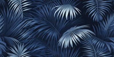 The primary subject of the image is a close-up of a palm tree with blue leaves. The setting is a dark blue background, which creates a striking contrast with the palm tree. The visual style is a painting or drawing, giving the image a more artistic and detailed appearance. The dominant colors are blue and green, with the blue leaves of the palm tree standing out against the dark blue background. The overall atmosphere of the image is serene and calming, with the palm tree serving as a focal point and symbol