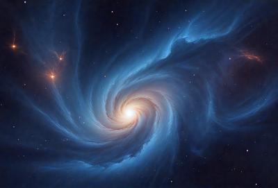 The primary subject of the image is a spiral galaxy, which is a large, swirling mass of stars and gas. The galaxy is set against a backdrop of the night sky, with the stars and planets visible in the background. The visual style of the image is a digital art or illustration, showcasing the intricate details of the galaxy. The colors and mood of the image are predominantly blue, with the spiral galaxy taking center stage and creating a sense of wonder and awe