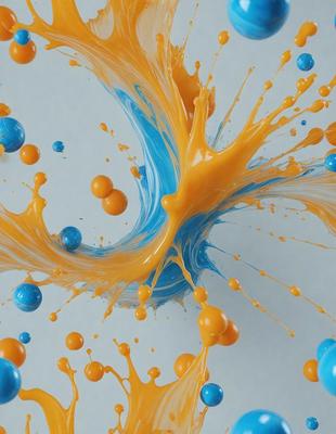 The primary subject of the image is a painting or drawing of a swirling, colorful design. The setting is a white background, which provides a clean and uncluttered look. The visual style appears to be a combination of digital art and illustration, as the colors and patterns are vibrant and dynamic. The dominant colors in the image are orange, blue, and yellow, creating a lively and energetic atmosphere.